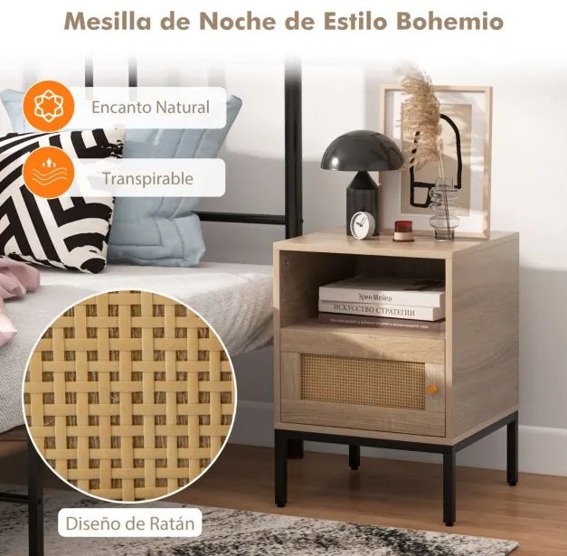 Conjunto de 2 mesas de cabeceira em rattan com porta e prateleira para quarto ou sala de estar 40 x 40 x 57 cm Natural