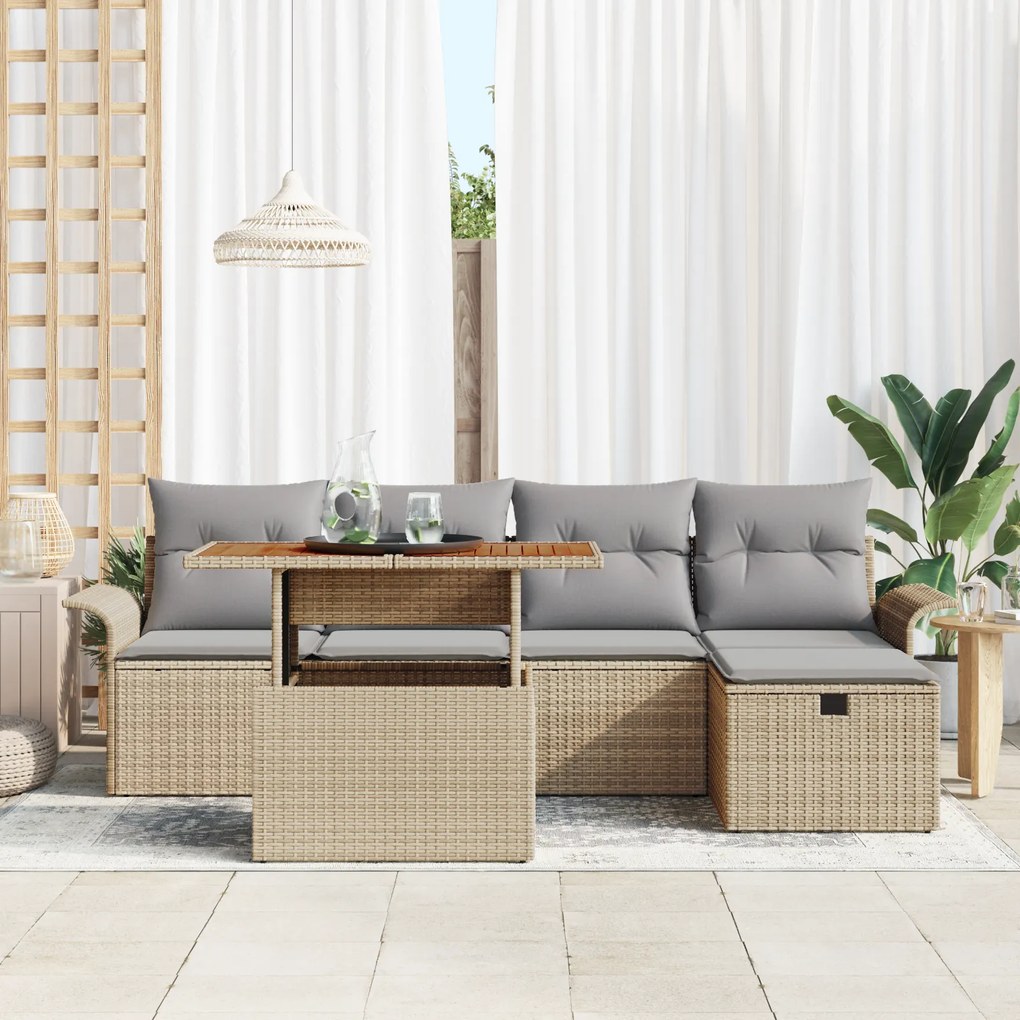 Conjunto de Sofá de Jardim de 6 Peças com Almofadas Beges de Rattan Po