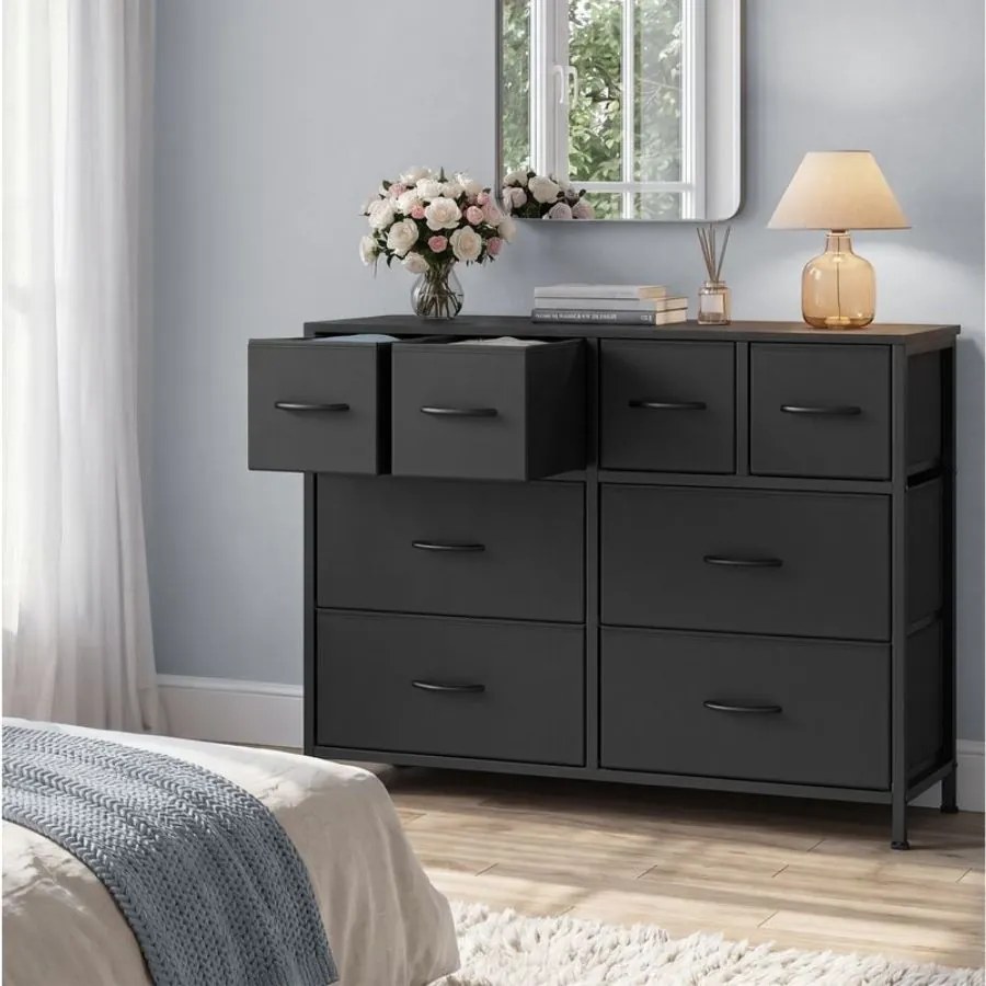 Cómoda com 8 gavetas em tecido e estrutura metálica 98,7 x 30 x 74,7 cm na cor Preto