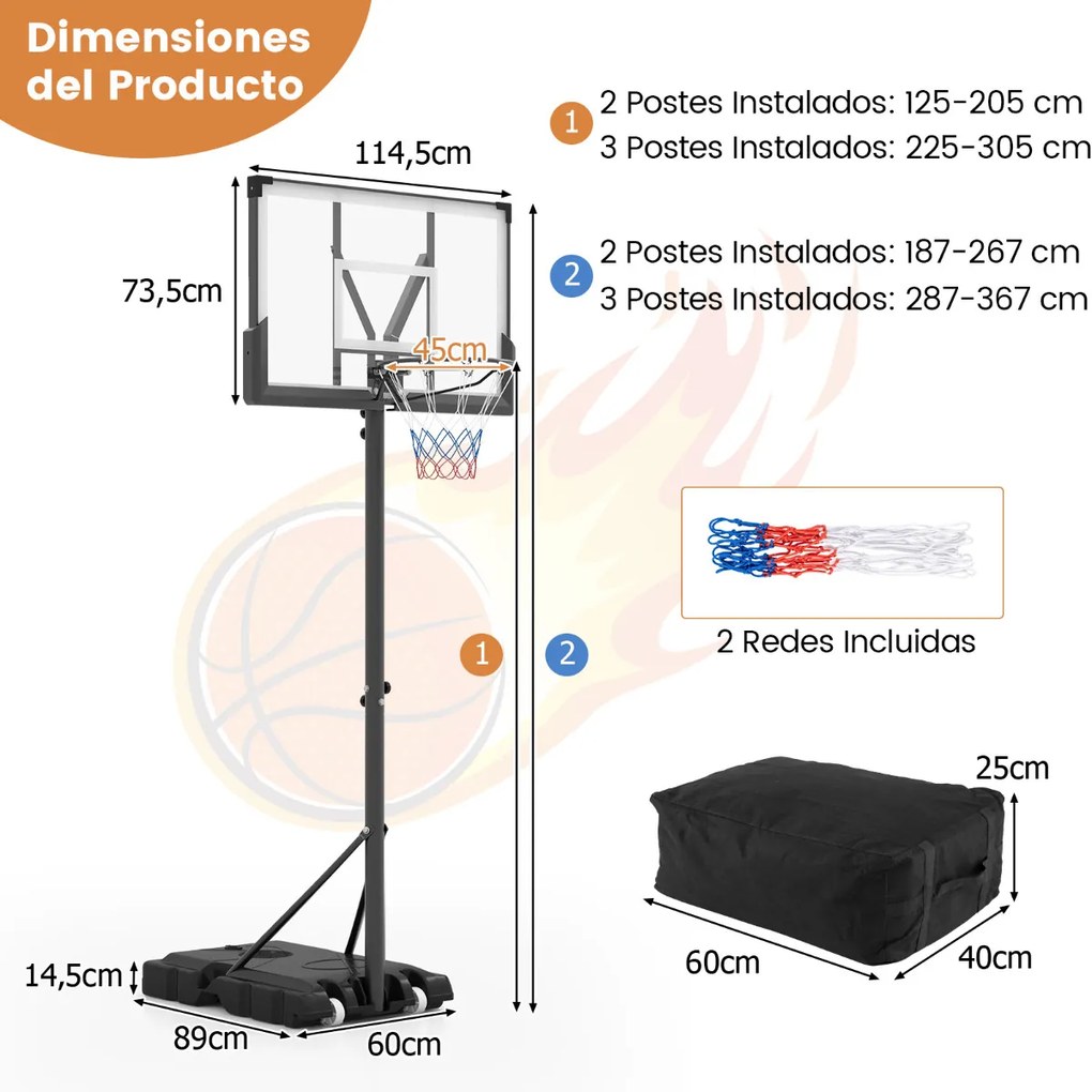 Cesto de basquetebol portátil 125-305 cm exterior ajustável para crianças/adolescentes/adultos com base Preto