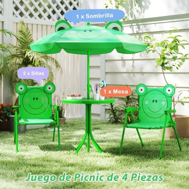 Conjunto de piquenique para Crianças 3-6 anos Mesa de atividades ao ar livre com 2 cadeiras dobráveis e guarda-sol ajustável em altura Verde