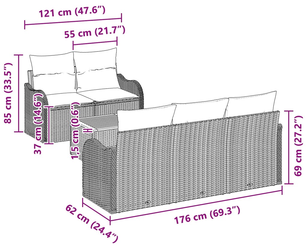 Conjunto de Sofá de Jardim de 6 Peças com Almofadas Preto Rattan Sinté