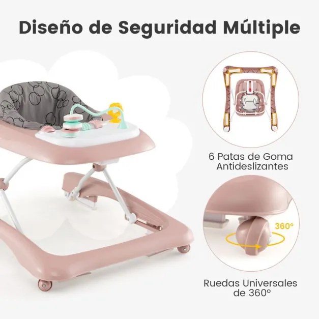 Andarilho dobrável para bebés 0-24 meses Centro de actividades com 3 alturas ajustáveis Assento almofadado Andarilho com rodas Rosa