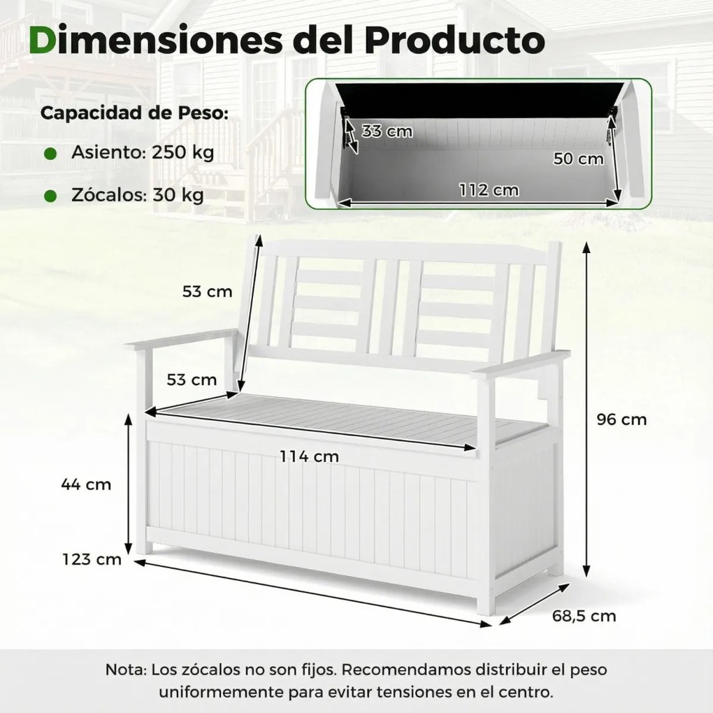 Banco jardim 123 x 68,5 x 96 cm com armazenamento para pátio com 185 L para 2 pessoas com encosto e braços branco