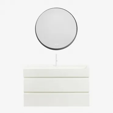 Conjunto De Móvel De Casa De Banho Em Madeira E Chapa De Freixo Com Lavatório Integrado Ona Branco & Redondo Led E Anti-embaciamento - Sklum