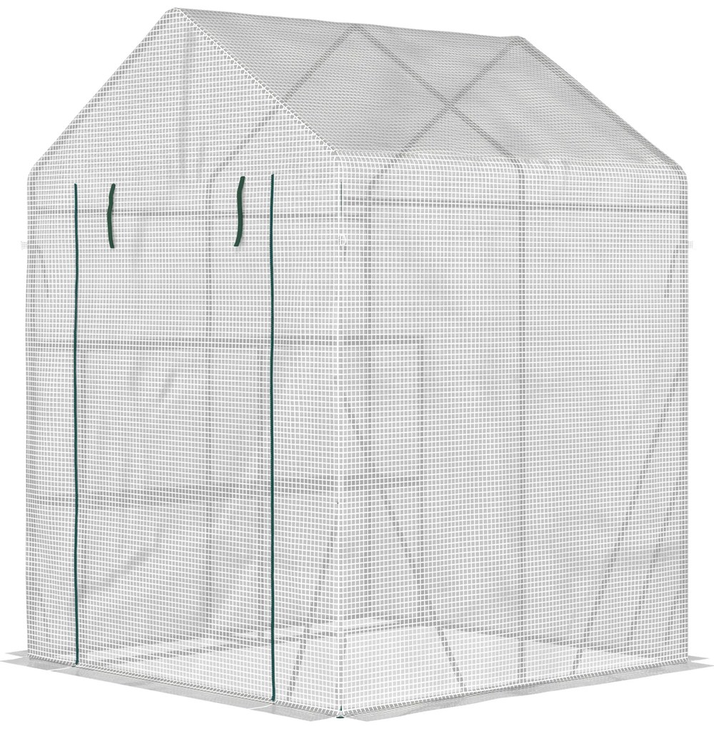 Estufa de Jardim 143x143x195 cm Estufa de Aço com 2 Prateleiras e Porta Enrolável para Cultivos de Plantas Vasos de Flores Pátio Exterior Branco