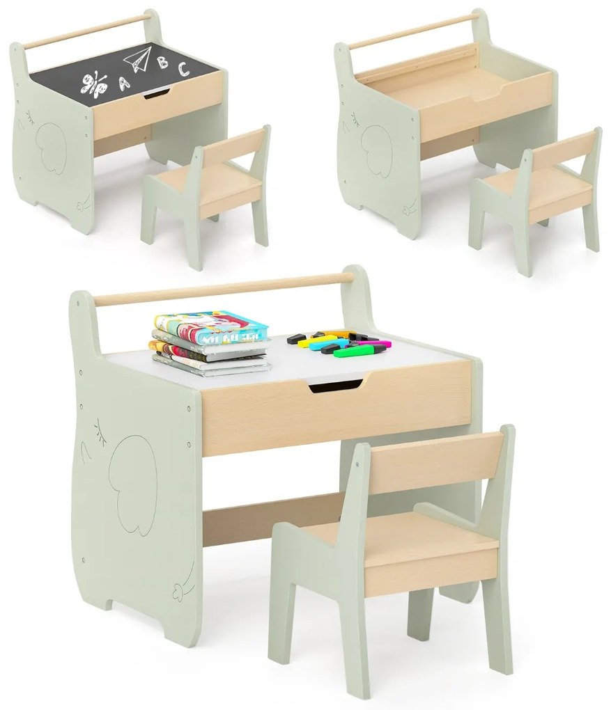 Conjunto de mesa e cadeira para crianças de actividades em madeira para crianças com tampo de mesa amovível 2 em 1 Verde