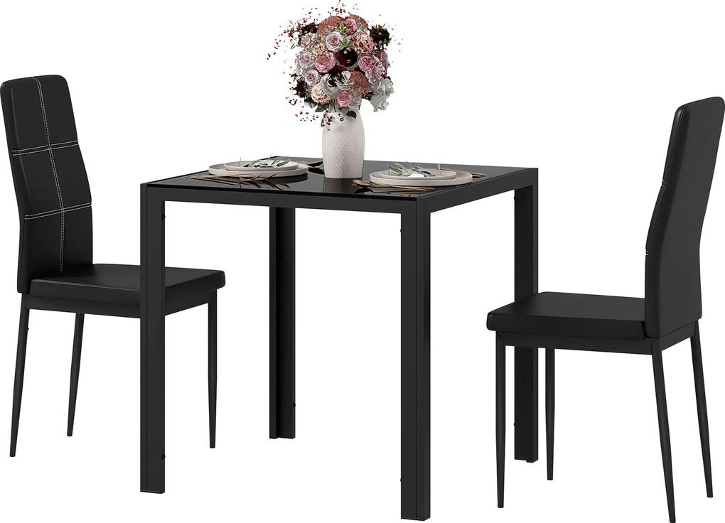 Conjunto de mesa de jantar e cadeiras para 2 pessoas, tampo retangular em vidro, para cozinha, sala de estar e casa, preto