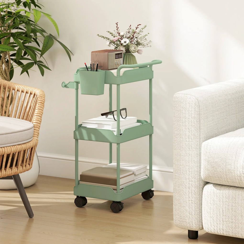 Carrinho Auxiliar com Rodas de 3 Níveis com Cestos Extraíveis Suporte para Toalhas e Estrutura de Metal 42x42,5x76 cm Verde