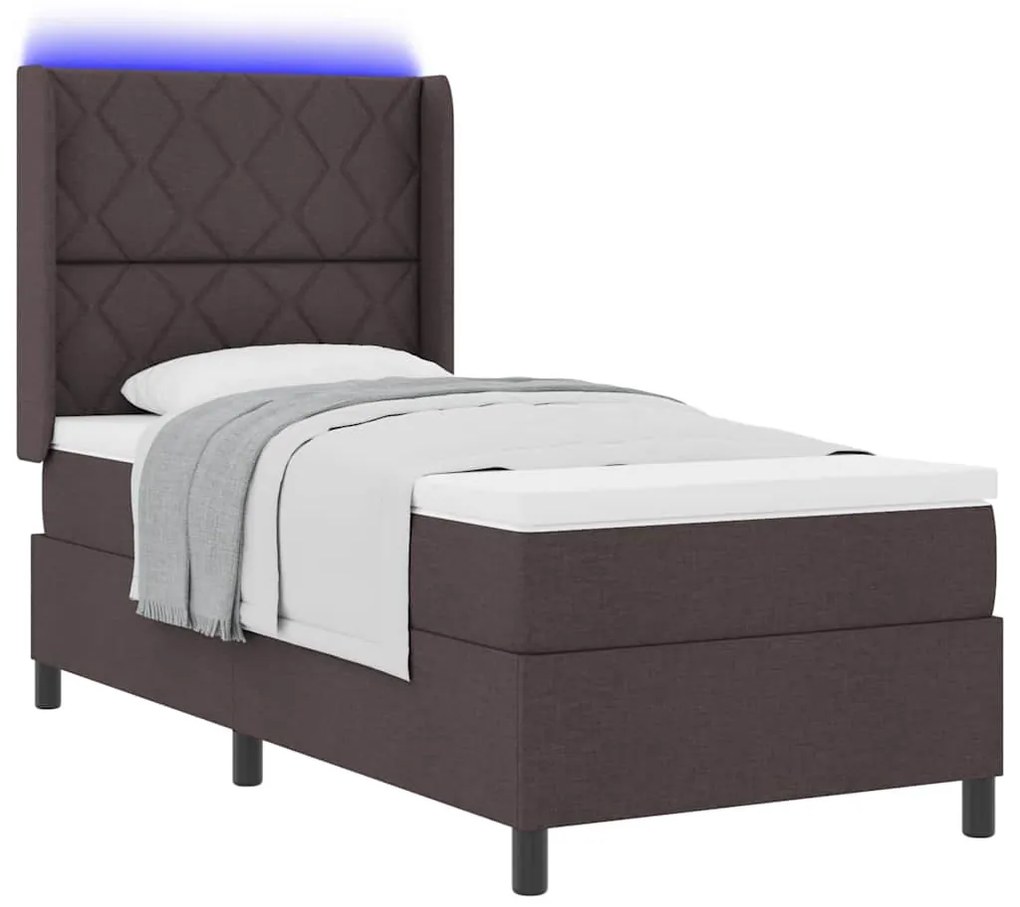 Cama Box com Colchão e LED Castanho 90x200 cm, Tecido