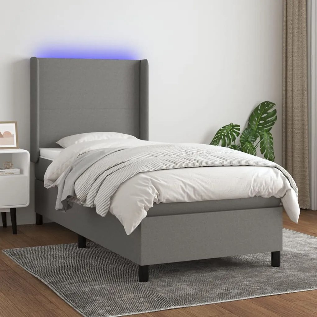 Cama box spring c/ colchão e LED 100x200 cm tecido cinza-escuro