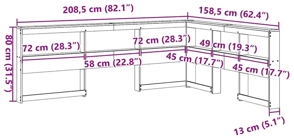 Estante cabeceira forma de L 140 cm madeira pinho maciça branco