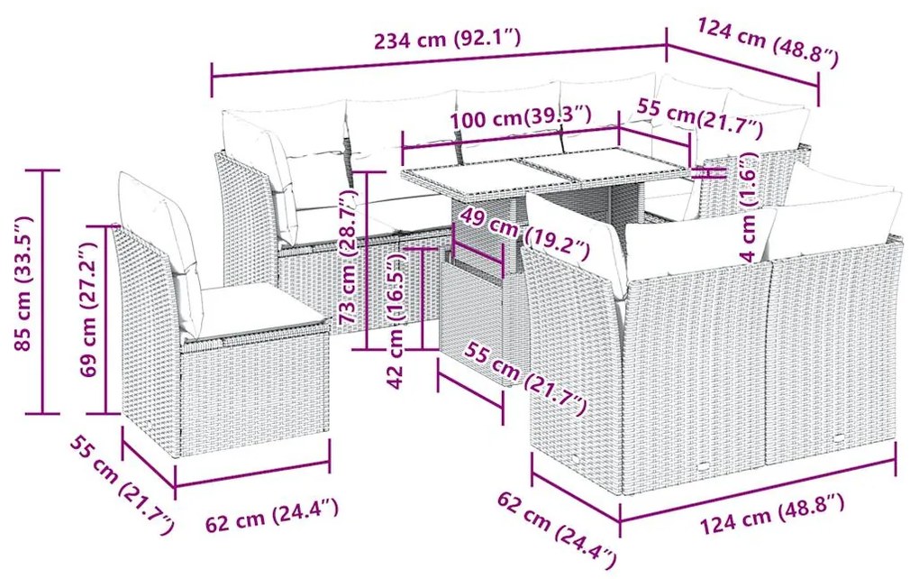 9 pcs conjunto de sofás p/ jardim com almofadões vime PE bege