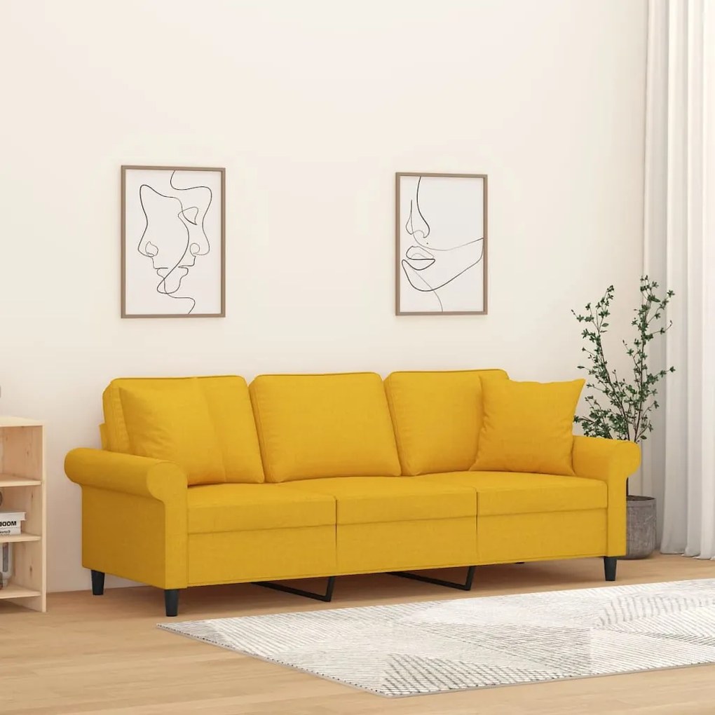 vidaXL Sofá 3 lug. c/ almofadas/almofadões 180 cm tecido amarelo-claro