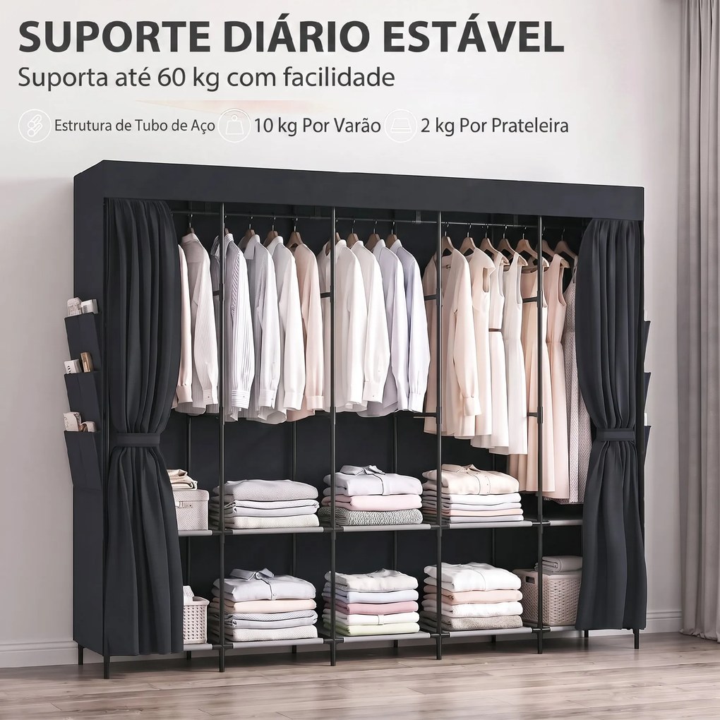 Roupeiro de Tecido com 5 Barras, 5 Prateleiras, 6 Bolsos Laterais, Fecho de Correr, Estrutura em Aço, 212x45x167 cm, Preto