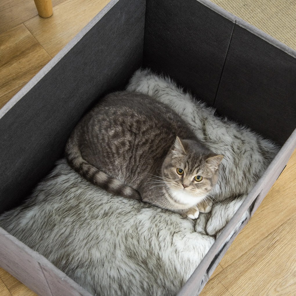 Caverna para Gatos Dobrável 2 em 1 Banco para Apoio dos Pés com Tampa Removível Orifício de Entrada Almofada Lavável e Pés Elevados de Madeira para Interior 60x45x44,5cm Cinza