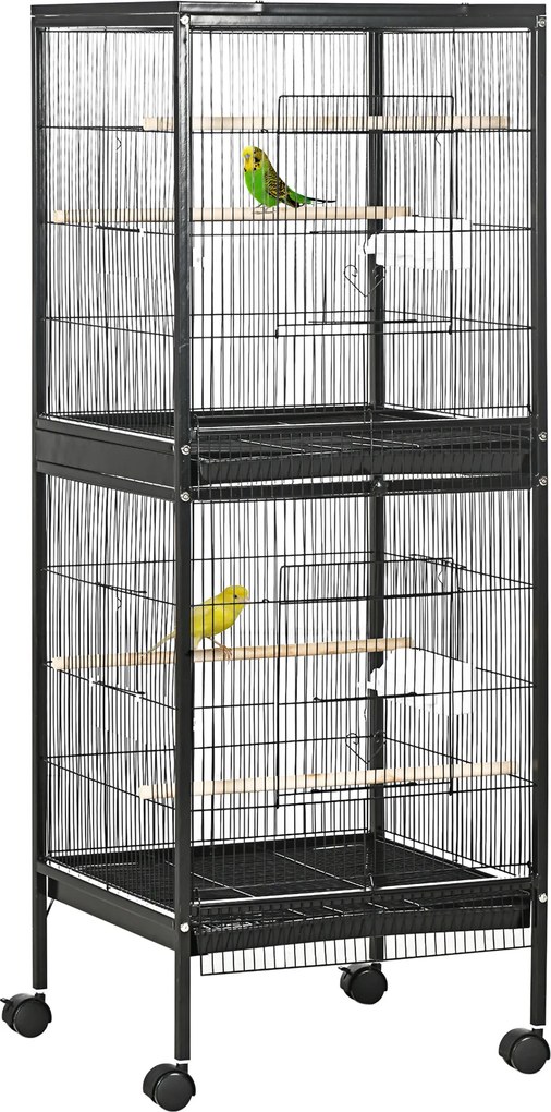 Gaiola para Pássaros com Rodas de 2 Níveis  com Bandejas Removíveis Portas Comedouros Poleiros 51,5x50x140 cm Preto