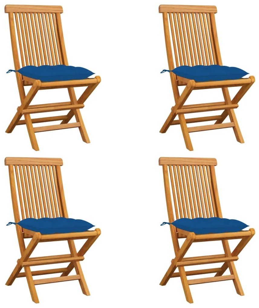 vidaXL Cadeiras de jardim c/ almofadões azuis 4 pcs teca maciça
