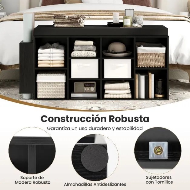 Banco sapateira 30 x 110 x 52,5 cm com suporte para guarda-chuvas, 10 compartimentos, assento acolchoado e prateleiras ajustáveis, preto