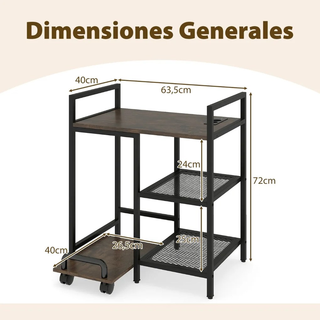 Suporte para impressora 63,5 x 40 x 72 cm com estação de carregamento de 3 níveis com rodas bloqueáveis Castanho