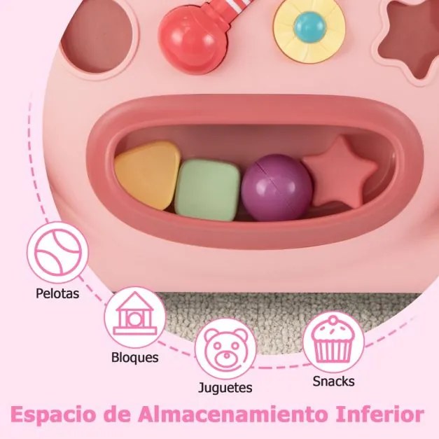 Andador Montessori bebés com Reprodutor Oval Removível Classificador de Formas Maracas Pássaro Deslizante e 2 Giradores Rosa