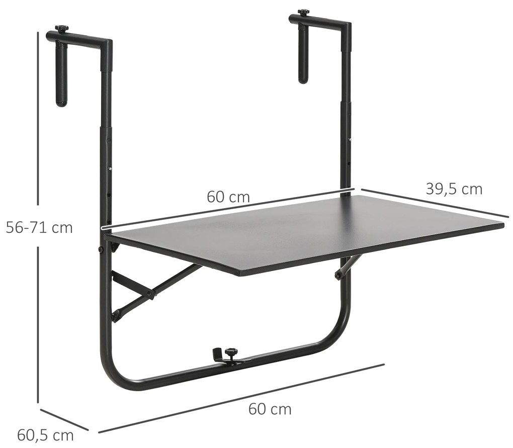 Mesa Suspensa para Varanda Mesa de Parede de Aço com Altura Ajustável em 4 Posições 60x60,5x56-71 cm Preto