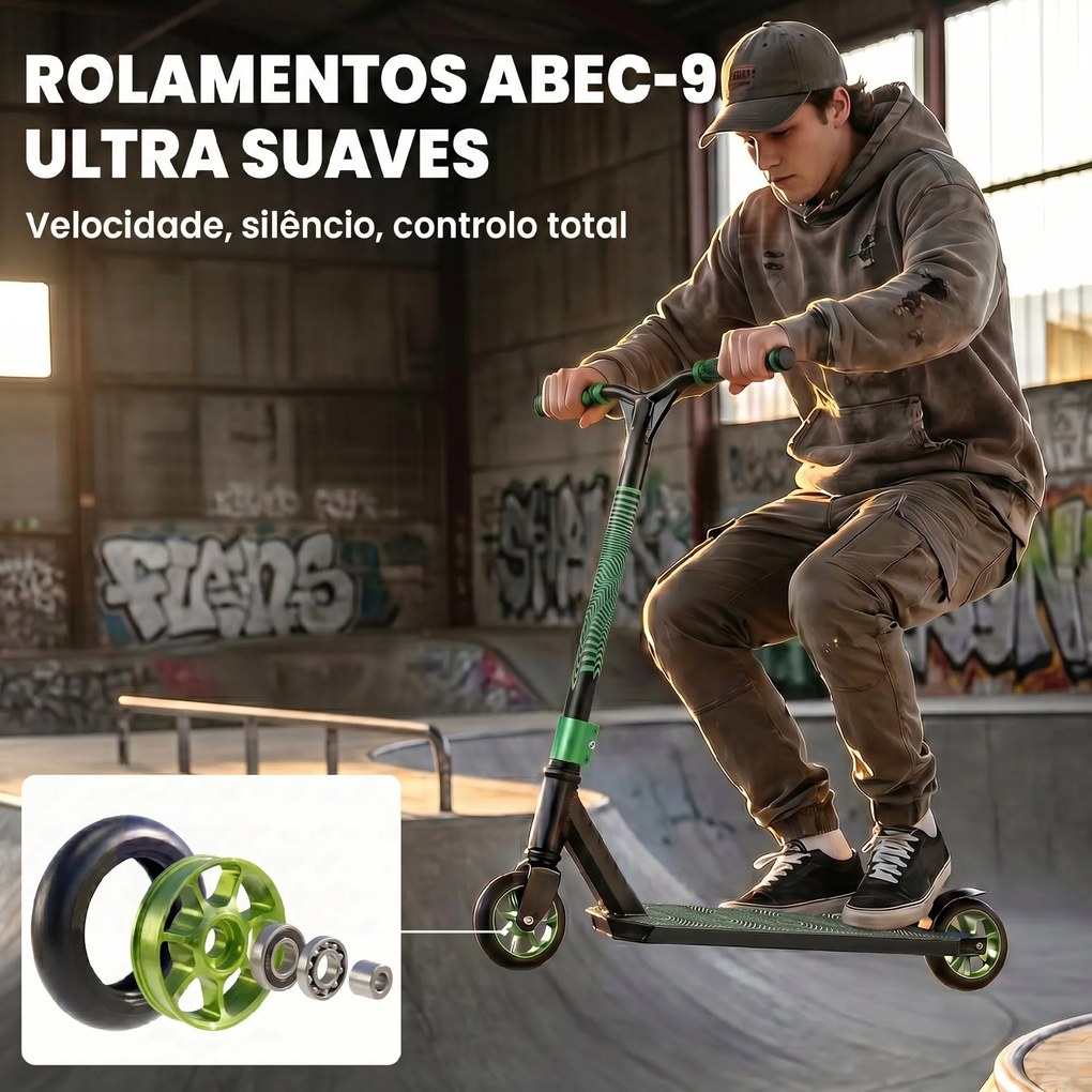 Trotinete Acrobática com Guiador 360° Rolamentos ABEC-9 Rodas de PU de 120 mm Estrutura de Alumínio 66x47x81 cm Verde
