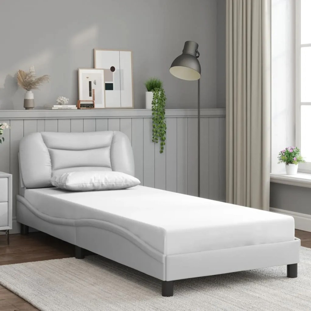 Estrutura de cama c/ cabeceira couro artificial 90x190cm branco