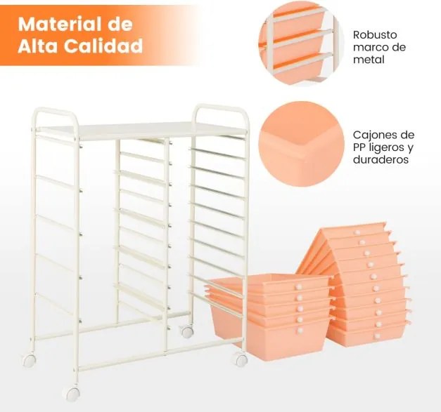 Carrinho multiusos com gavetas removíveis e rodas bloqueáveis 63 x 37 x 87 cm rosa claro