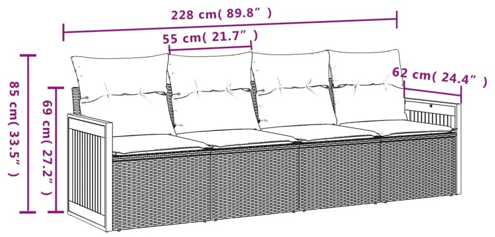 4 pcs conjunto de sofás para jardim c/ almofadões vime PE bege