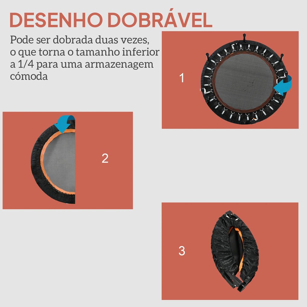 Trampolim Fitness Ø102 Trampolim Dobrável com Pega Ajustável em 4 Níveis Estrutura de Aço Preto e Laranja