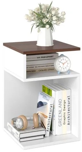 Conjunto de 2 mesas laterais em formato de S para espaços pequenos com 2 compartimentos abertos - Nogueira