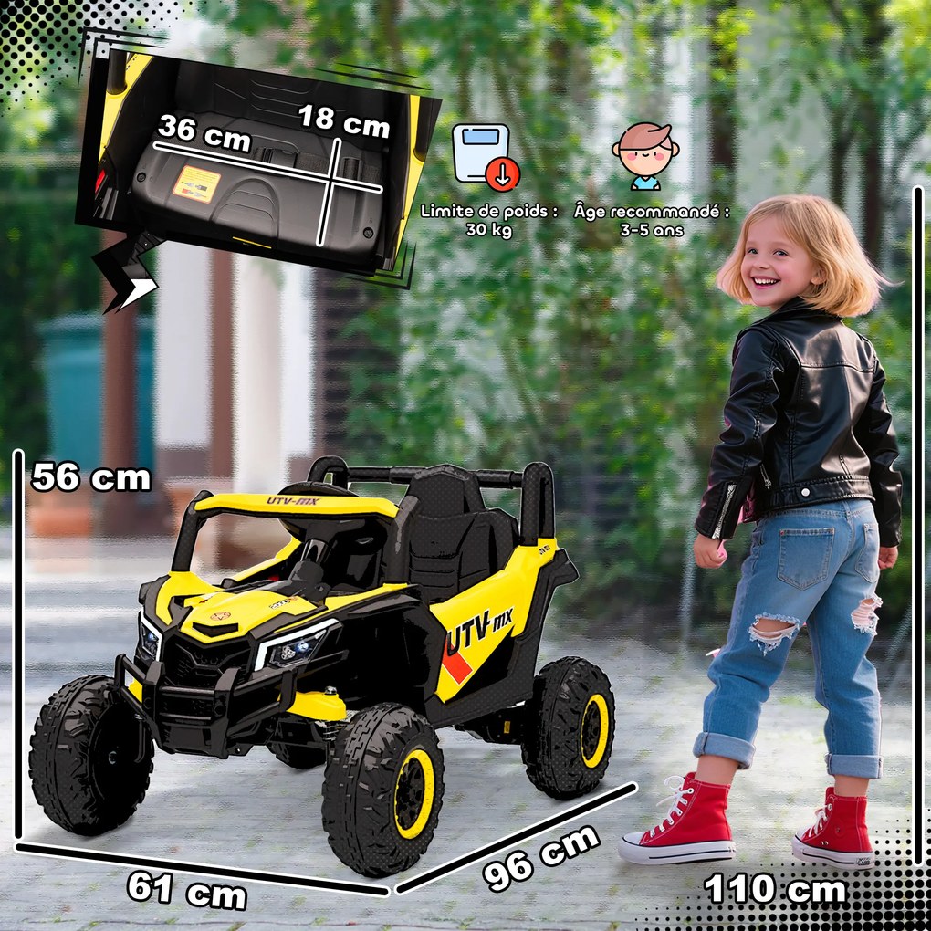 Carro elétrico infantil UTV de 12 V, buggy elétrico infantil com controlo remoto, 96 x 61 x 56 cm, amarelo