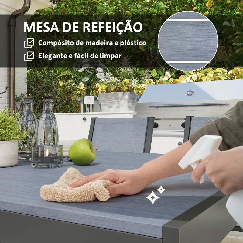 Conjunto de Mesa e Cadeiras de Jardim com Cadeiras Empilháveis e Estrutura de Aço para Terraço e Pátio Cinzento Claro