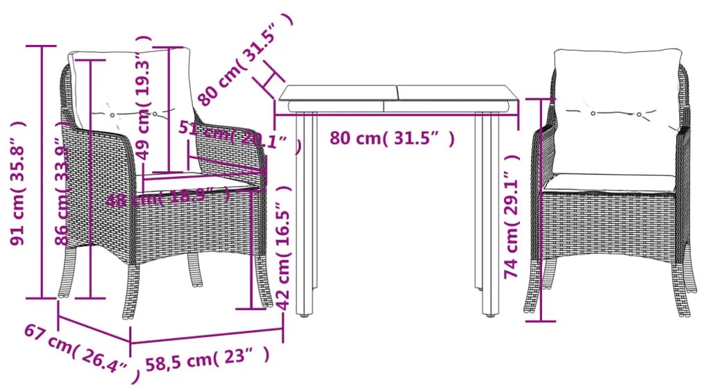 3 pcs conjunto de jantar p/ jardim com almofadões vime PE bege