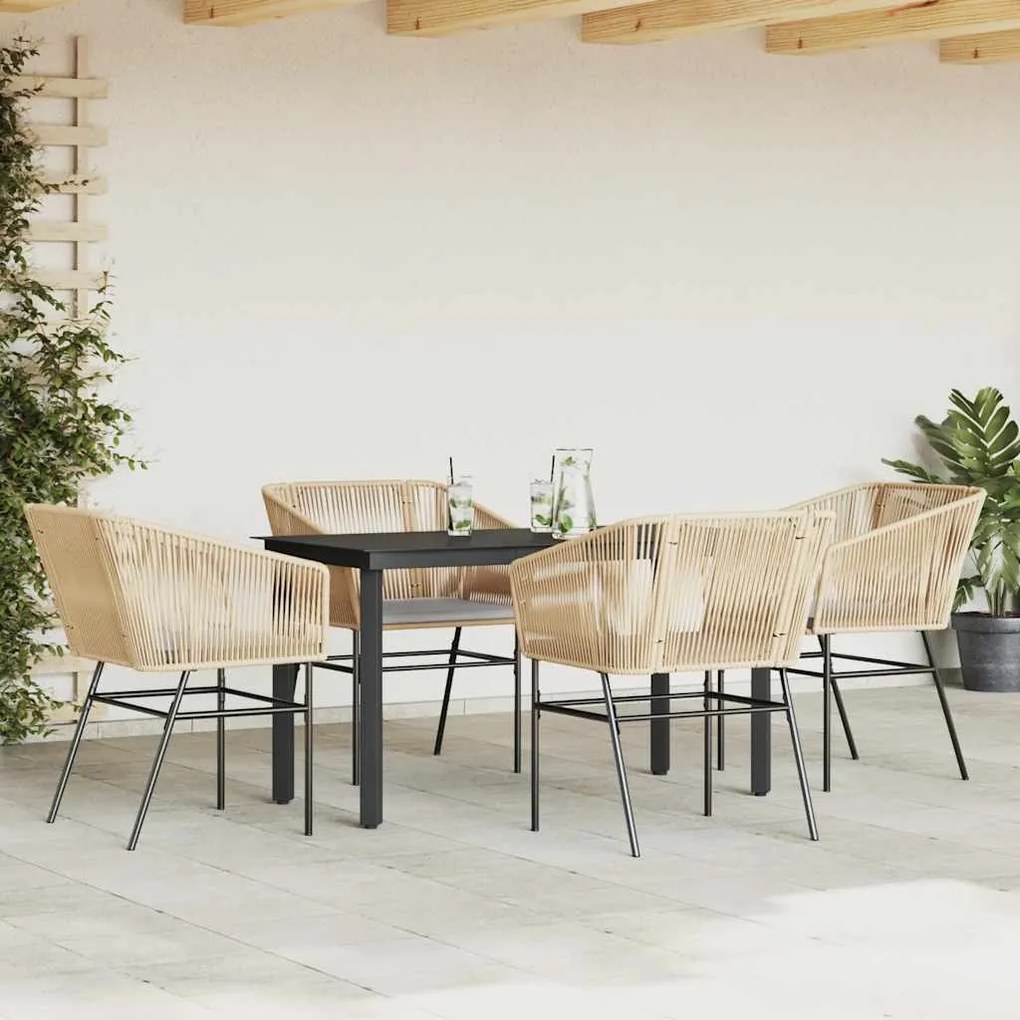 Conjunto jantar jardim 5 peças almofadas vidro vime PE castanho