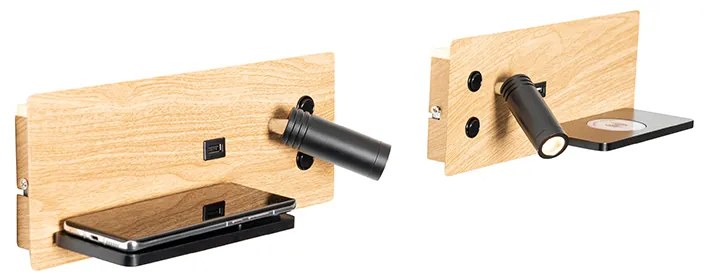 Conjunto de 2 Apliques de Parede Preto com Madeira incl. LED com USB e Carregador por Indução - Riza