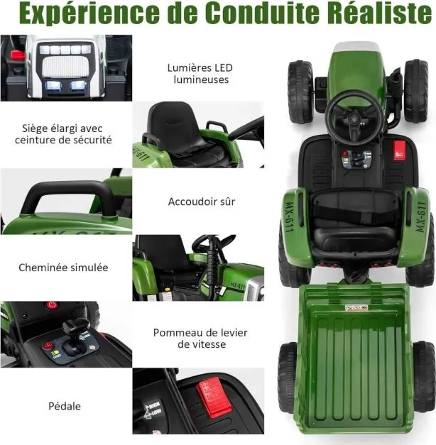 Trator elétrico infantil com reboque, 3 velocidades, luzes LED, música USB, Bluetooth e controle 2.4G, carga de 30 kg, verde militar