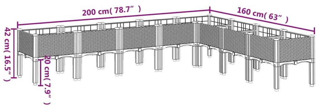 Vaso/floreira de jardim c/ pernas 200x160x42 cm PP cinza-claro