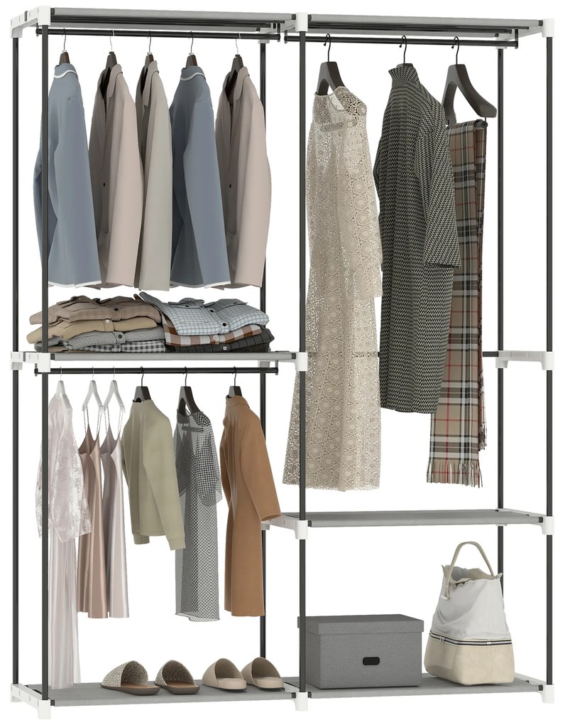 Guarda Roupa Aberto 142x43x185 cm Armário para Roupas com 4 Prateleiras de Tecido 3 Barras para Pendurar Cinzento