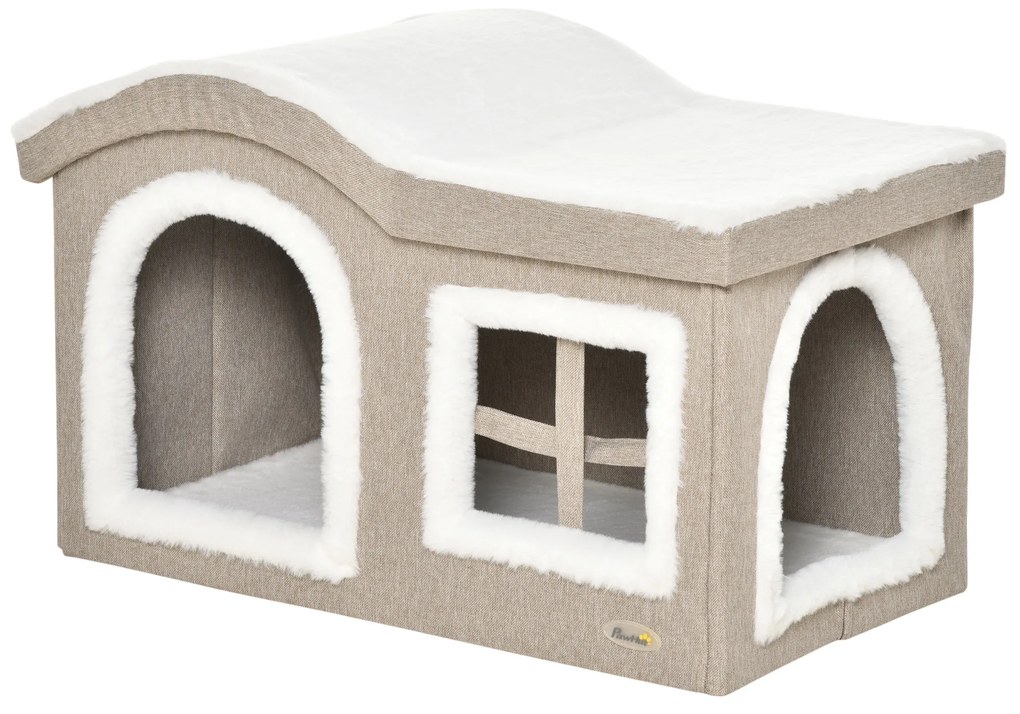 Casa Dobrável para Gatos Caverna para Gatos Grande com Tampa Removível Almofadas 2 Entradas e Janela 63,5x37x40cm Bege