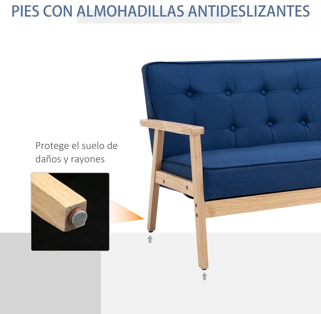 HOMCOM Sofá de 2 Lugares com Encosto e Almofadas Acolchoados Pés de Madeira Antiderrapantes para Sala de estar Dormitório Oficina 114x61x71 cm Azul