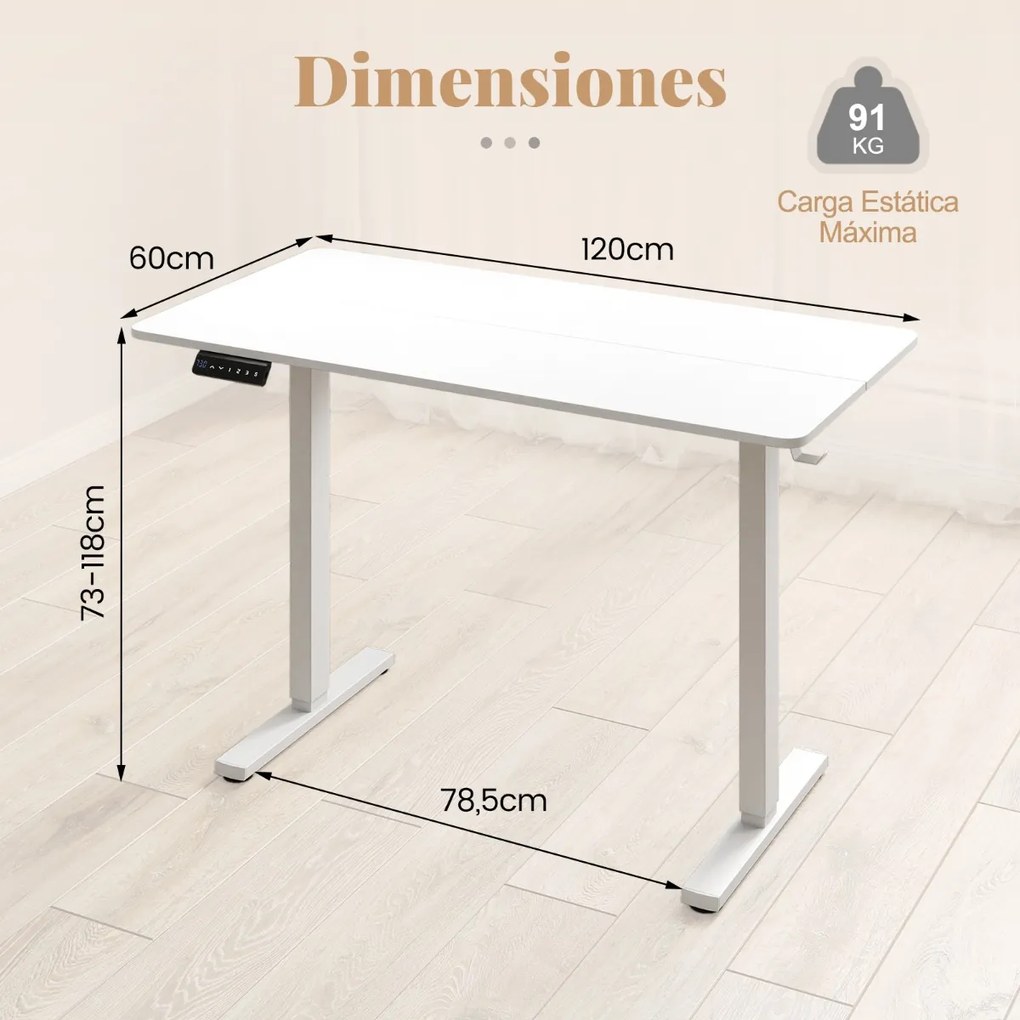 Secretária elétrica ergonómica 120 x 60 x 73-118 cm com 3 ajustes de memória e proteção anticolisão branca