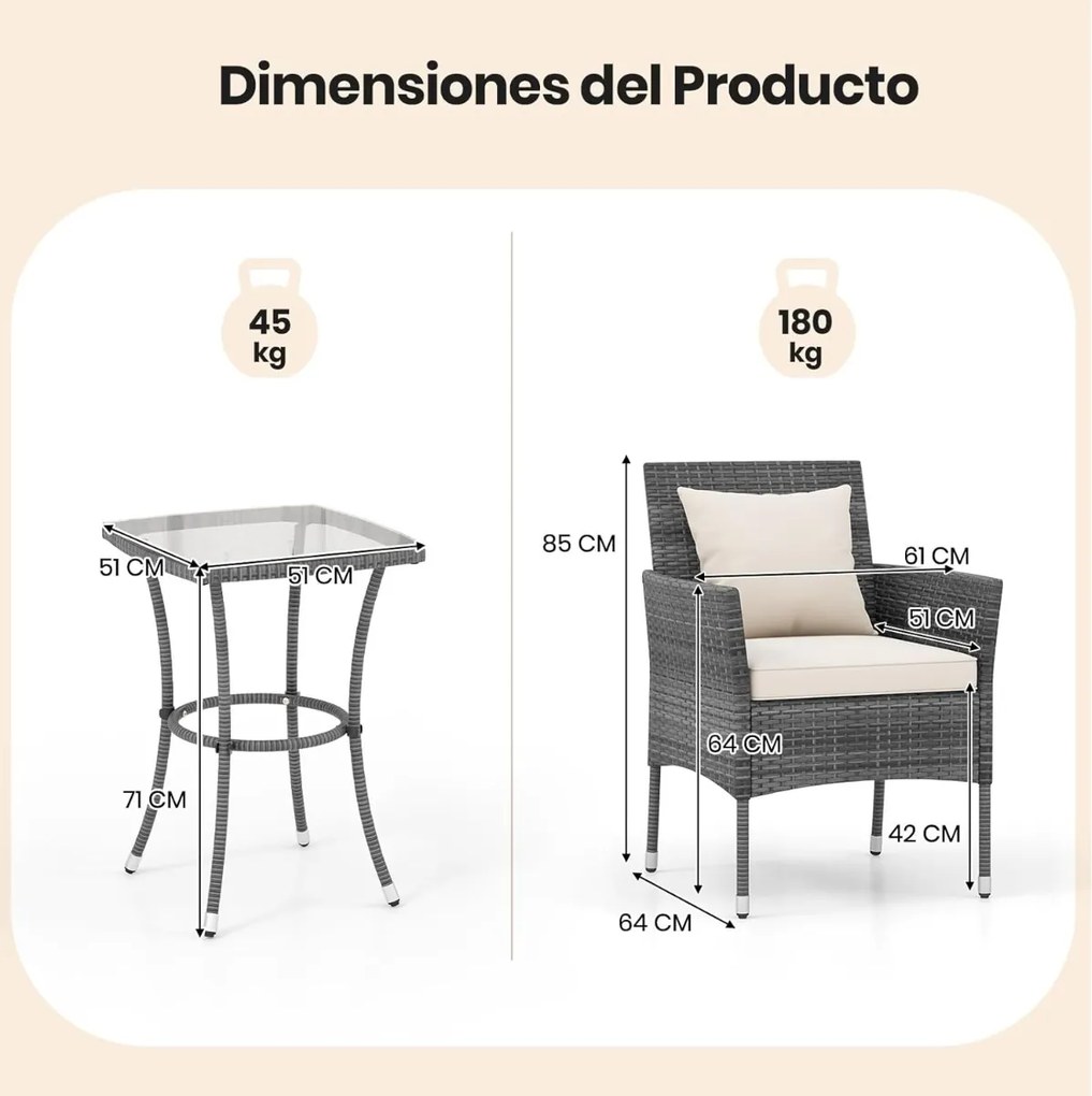 Conjunto de jardim de 3 peças de rattan PE com almofadas e mesa em vidro temperado para varanda, jardim, relvado, pátio cinzento e Bege