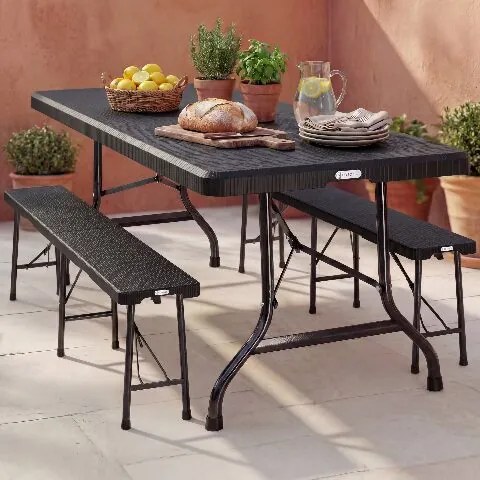 Conjunto de mesa e banco para Campismo Malmö, efeito rattan, preto