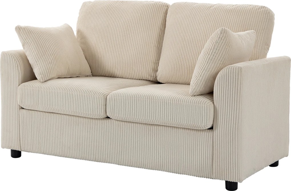 Sofá de 2 lugares pequeno 144 L x 76 P x 89 A cm em veludo canelado, sofá de sala de 144 cm com assento largo estofado, 2 almofadas, bege