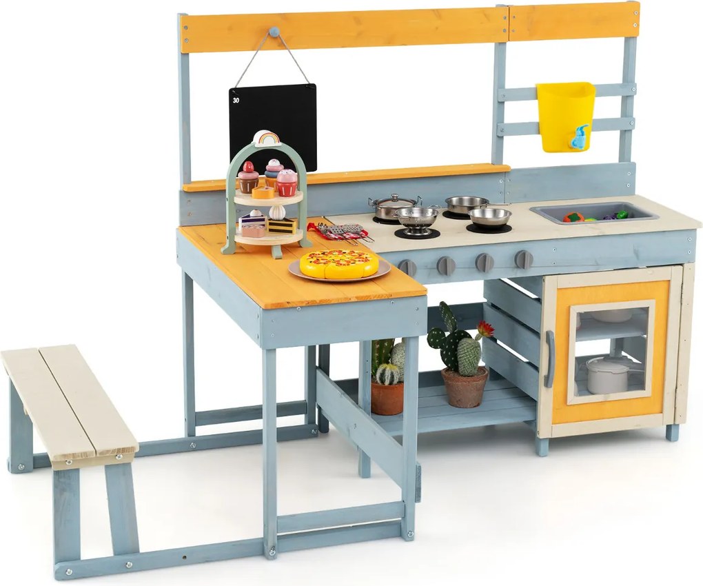 Cozinha de brincar com mesa de piquenique para crianças em madeira de abeto com banco de ardósia, lava-loiça e acessórios para o pátio ou jardim Multi