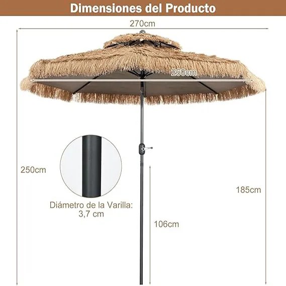 Guarda-sol havaiano de 2,47 m em palha PE dobrável com teto duplo SEM BASE Natural