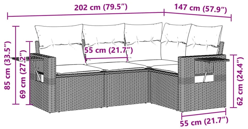 4 pcs conj. sofás jardim c/ almofadões vime PE cinzento-claro