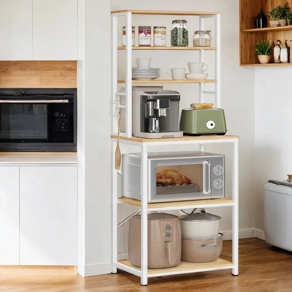 Estante de cozinha com 6 prateleiras e 6 ganchos 40 x 60 x 167 cm cor de carvalho + branco